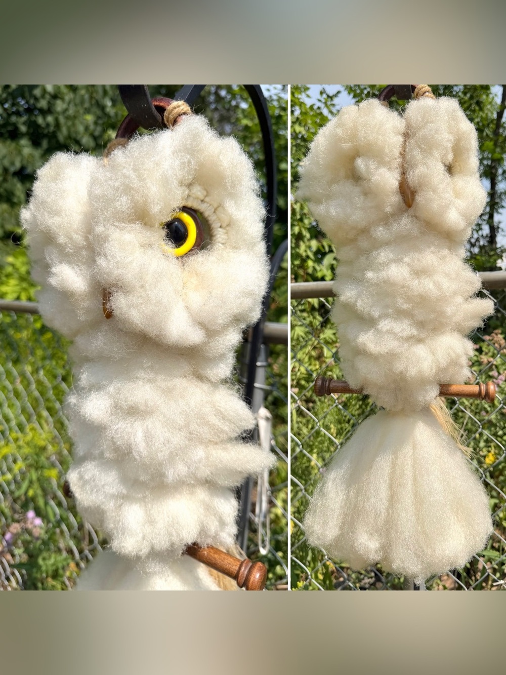 Vintage 1970s OWL ART Macrame Handmade Wall Hanging Vintage Snowy Fluffy 23.5”